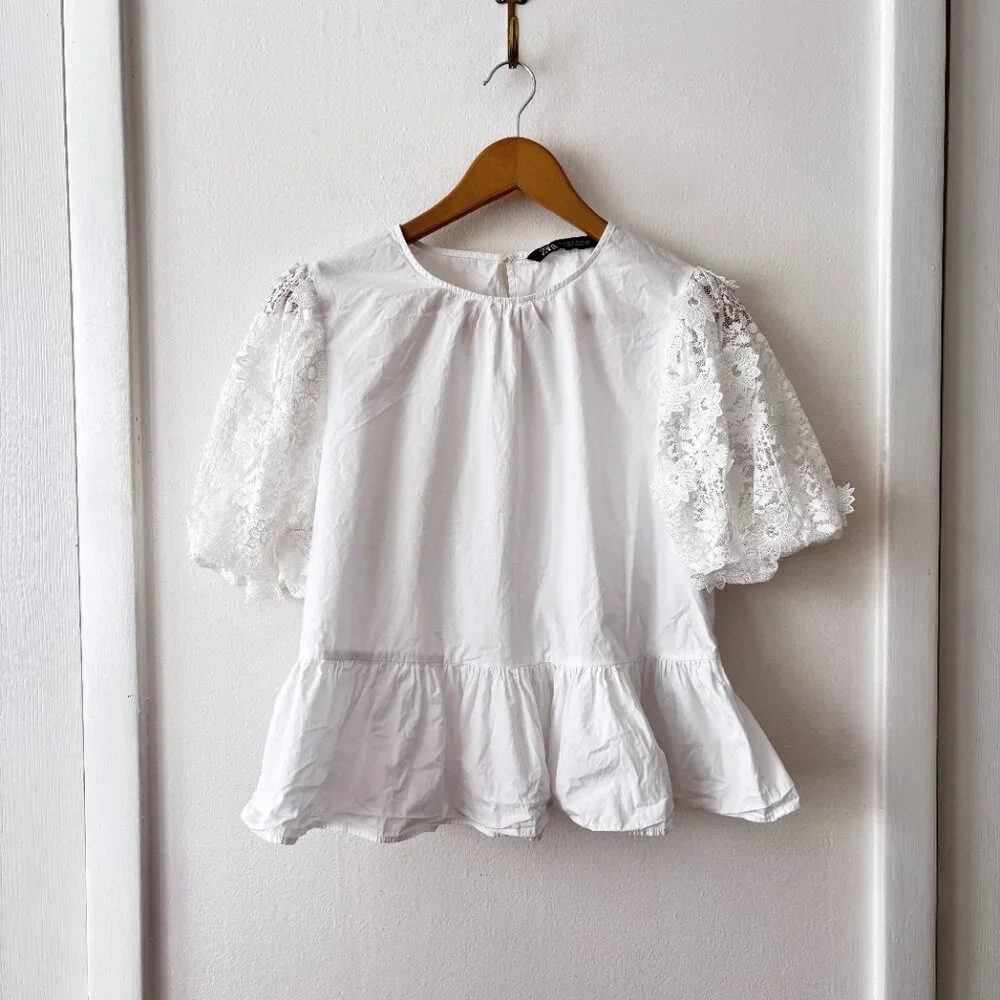 Zara White Embroidered Lace Sleeve Peplum Top